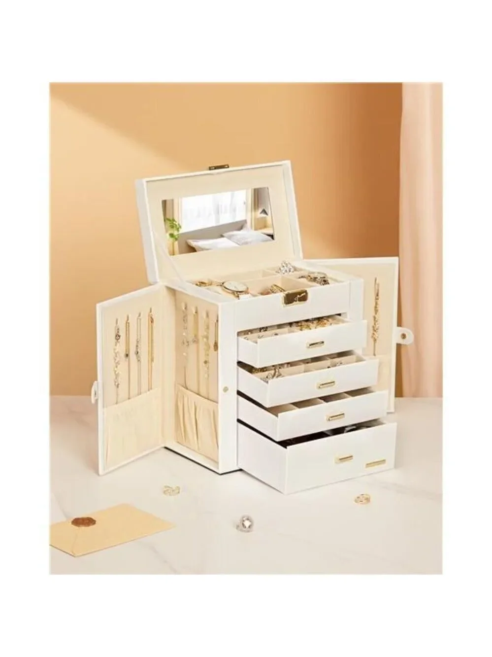 White Lockable Jewelry Box Watch Organizer Necklace Ring Storage with Mirror